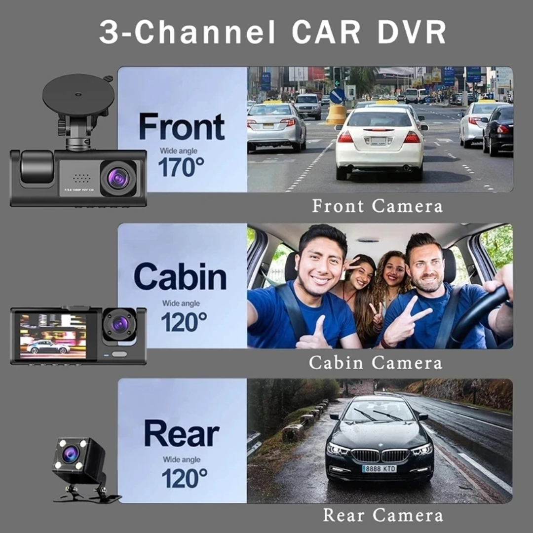 كاميرا السيارات الأمنية الثلاثية 3-Channel بدقة 1080P - تغطية كاملة (أمامية، داخلية، وخلفية) مع مساعد ركن