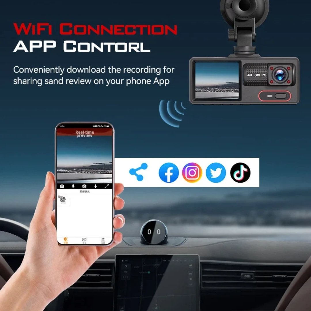 داش كام A16 الذكية ثلاثية العدسات بدقة 2K مع اتصال WiFi - تغطية شاملة للمقصورة والطريق
