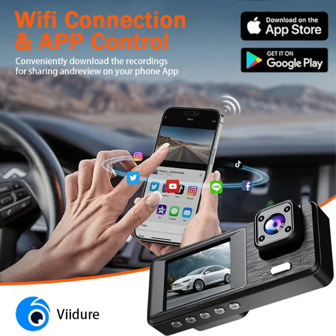 داش كام الذكية ثلاثية العدسات بدقة 1080P مع اتصال WiFi ورؤية ليلية بالأشعة تحت الحمراء للمقصورة