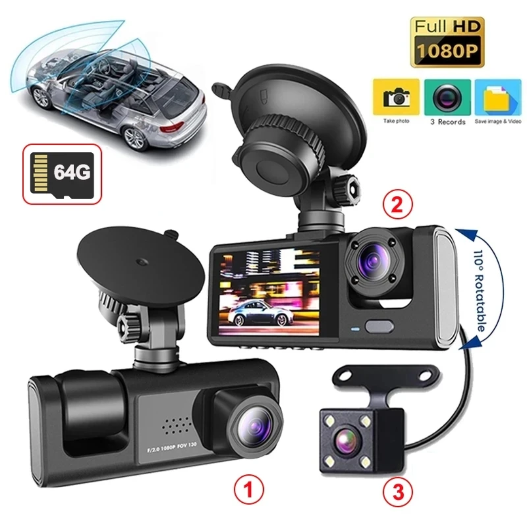 كاميرا السيارات الأمنية الثلاثية 3-Channel بدقة 1080P - تغطية كاملة (أمامية، داخلية، وخلفية) مع مساعد ركن